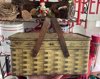 Vintage tin printed woven picnic basket box