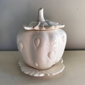 May include: White ceramic pumpkin shaped jar with a lid and a matching saucer. The jar has a raised design of leaves and a stem on the lid.