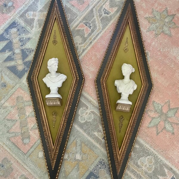 Mid century Apollo and Diana diamond velvet framed busts-pair