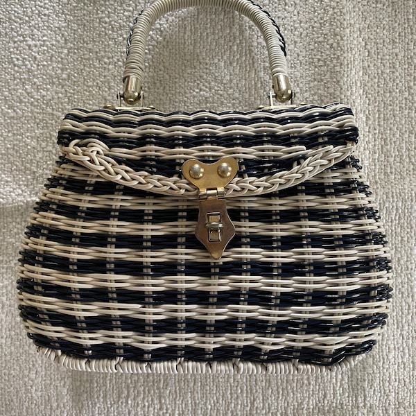 1960s Marchioness white and navy stripe plastic woven handbag for R.H.Macy Co