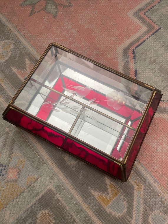 Glass and brass bird etched curio jewelry box