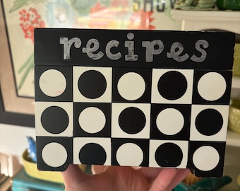 2000s Tatutina hand painted black and white mod dot recipe box