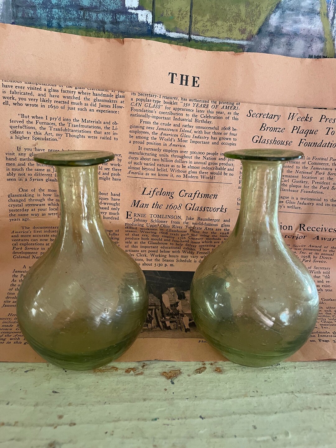 Pair of 1958 Jamestown Virginia Hand Blown Glass Bottles and