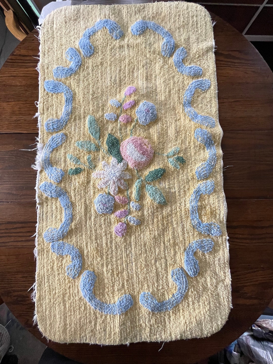 Vintage Yellow Floral Chenille Bath Mat Etsy