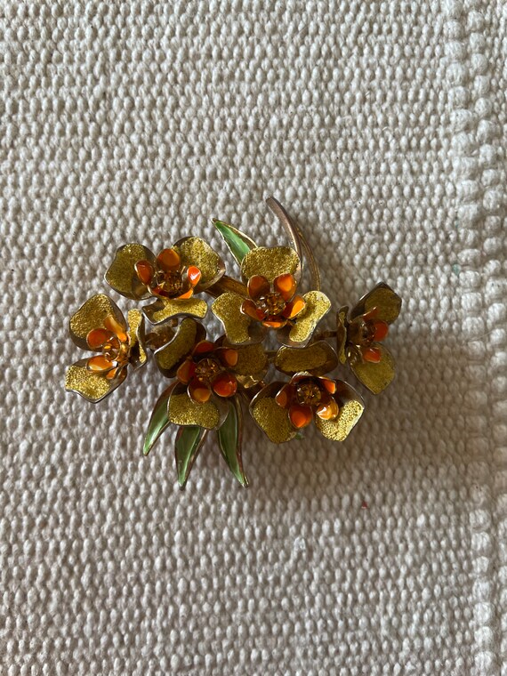 Vintage yellow and orange enamel and rhinestone f… - image 2