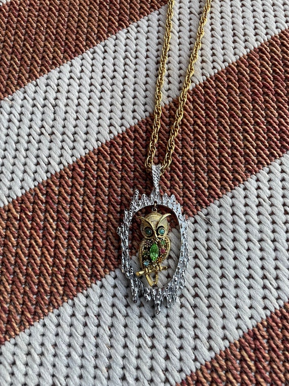 Vintage 1970s Brutalist Owl gemstone necklace