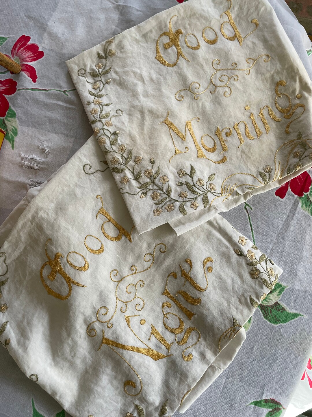 Antique Yellow Embroidered Pillow Coversgood Morning & Good Night Etsy