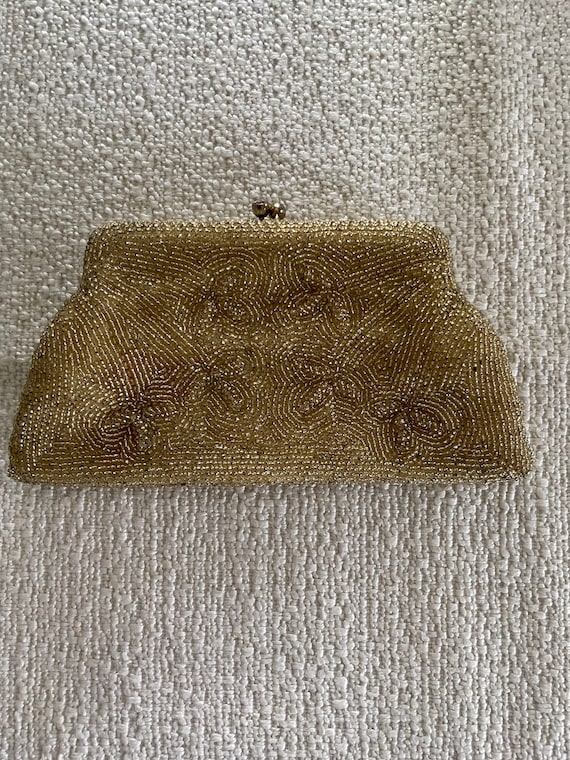 1960s gold glass seed bead clutch handbag