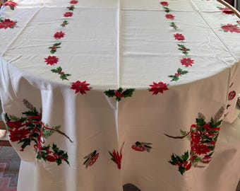 Mid century Christmas poinsettias, pine, and ornament boughs tablecloth