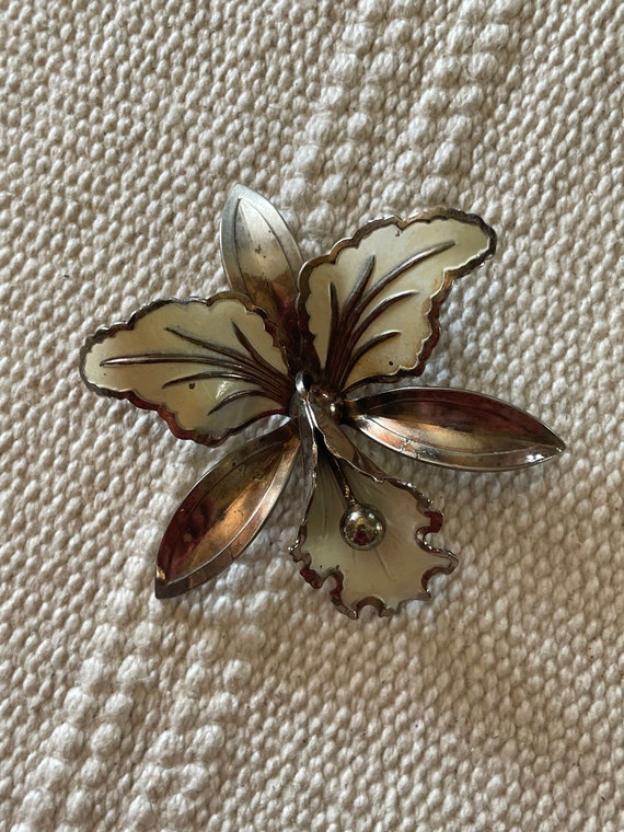 Vintage enamel orchid brooch - image 1
