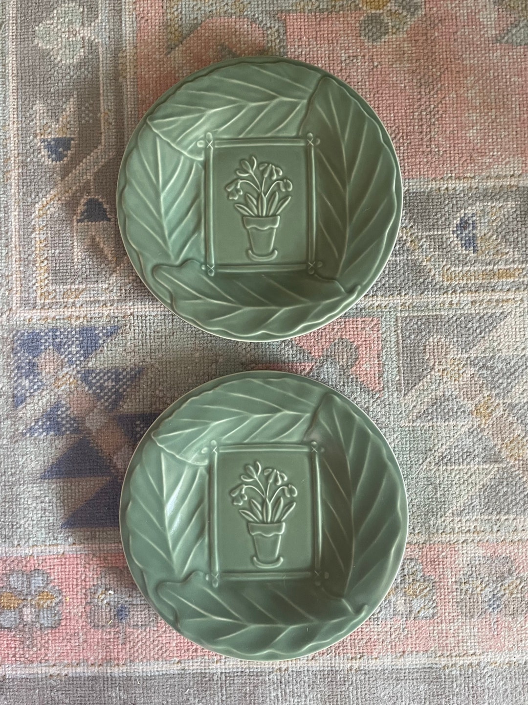 Pair of Pfaltzgraff Sage Green Flower Pot Plates Etsy
