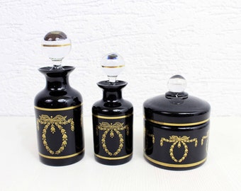 Set de toilette vintage, 2 flacons de parfum et boîte à cotons, Paris années 30