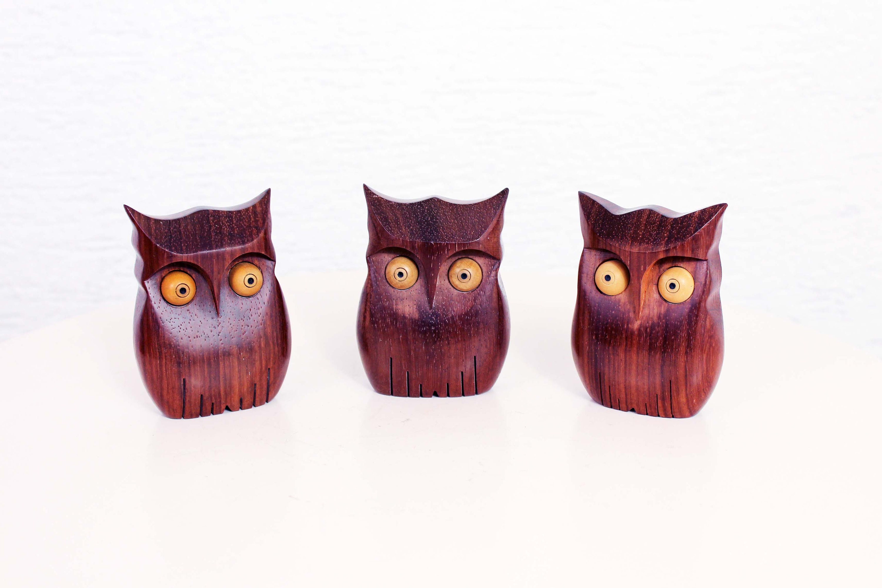 Lot de 3 Statuette Hiboux en Teck Design Scandinave