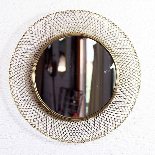 Miroir rond des années 50 Münchner Werkstätten, en maille de métal doré