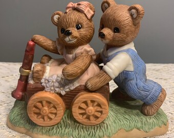 Vintage Homco Playtime Bears Figurine Playing on Wagon, Porcelain Figurine Playtime Bears, Home Interiors & Gifts Bears, Collectible