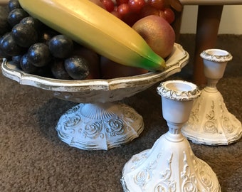 Vintage Syroco Pedestal Bowl and Candle Holder Set, Ornate Cream and Gold
