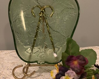 Vintage Green Glass Apple Dish, Embossed Floral Design.