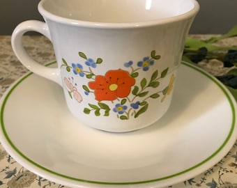 Vintage Corelle Wildflower Meadows Pattern Cup with Saucer, Set of Four, Corning Ware, Coffee/Tea Cups, Flat Cups, Retro, Country Kitchen