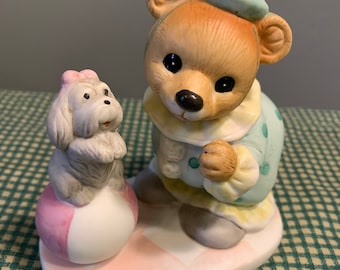 Vintage Homco Teddy Bear Circus Clown with Puppy, 8881, Clown with Dog Figurine, Bear Clown and Shih-tzu, Circus Bears, Porcelain Figurine