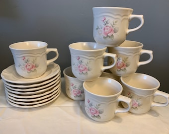 Vintage Pfaltzgraff Tea Rose  Cup and Saucer Set, Tea Cups, Floral Cups,  Stoneware, Made in the USA, Replacement Cups, Like New, Flat Cups