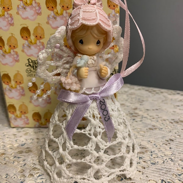 Precious Moments, 2003 Graced with Lace Hanging Ornament Figurine, Girl with Bird, 113628, With Box, Crocheted Skirt and Wings, Enesco, New