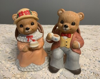 Vintage Home & Gardens Porcelain Tea Time Bear Figurines, 1401, Collectible Bears, MaMa and PaPa Bears Drinking Tea, Cake Topper, Cute