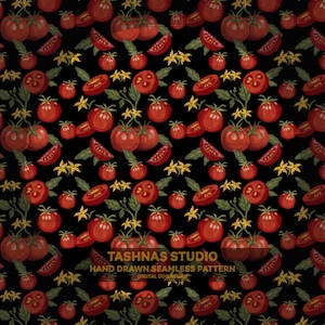 Puede incluir: Patrón sin costuras con tomates rojos, rodajas de tomate, flores amarillas y hojas verdes sobre fondo negro. El texto "Tashnas Studio Hand Drawn Seamless Pattern Digital Download" es visible.