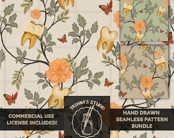 Floral Pattern Bundle - Whimsical Tooth| Surreal Vintage Dental Decor (Digital Download), Fabric Pattern png