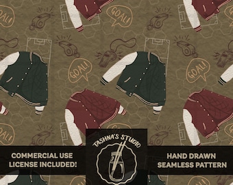 Soccer Sports Fabric Pattern, Commercial Use for Sports Merchandise, Football Party Decor, Vintage Varsity Jackets Print