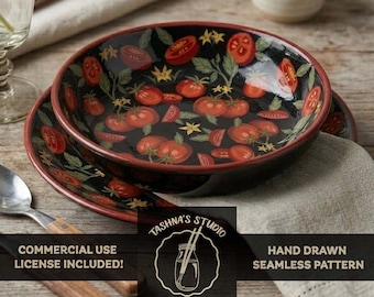 Vintage Tomato Seamless Pattern, Commercial Use Surface Pattern Design,  Rustic Hand Drawn Vegetable Print For Fabric, Wallpaper & Packaging