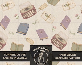 Seamless Pattern Commercial PNG: Vintage Bookish , Cottagecore Library Fabric Print | Typewriter & Book Art for Wallpaper and Packaging