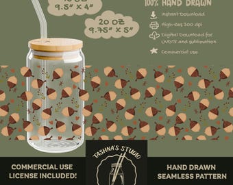 Glass Can Wrap: Rustic Acorn Autumn Leaves (POD Commercial Digital Download) UV DTF Sublimation