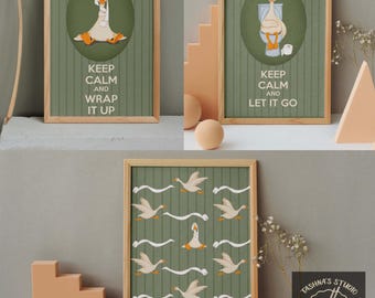 Sage Green Bathroom Wall Art Set: Silly Goose Toilet Humor, Restroom Decor, Modern Farmhouse Whimsical New Home Gift Set