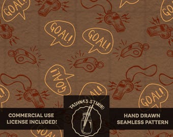 Seamless Pattern Sports Football Soccer Whistle Goal Hand Drawn Vintage Rustic Digital Paper Fabric Textile Design Commercial License