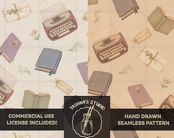 Seamless Pattern Bundle Commercial PNG: Vintage Bookish ,Library Fabric Print | Typewriter & Book Art for Wallpaper and Packaging