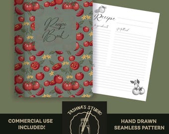 Digital Recipe Book Cover Design , Rustic Botanical Tomato Illustration Printable Cookbook, A4 DIY Journal Kitchen Decor Foodie Gift
