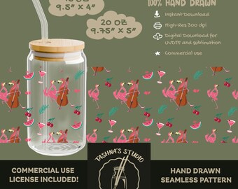 Glass Can Wrap: Flamingo Cello Serenade (POD Commercial Digital Download) UV DTF