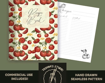 Digital Recipe Book Cover Design , Rustic Botanical Tomato Illustration Printable Cookbook, A4 DIY Journal Kitchen Decor Foodie Gift