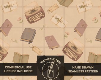 Bookish Seamless Pattern PNG | Commercial Use Surface Pattern Design,  Vintage Book Typewriter Print for Fabric, Wallpaper & Packaging