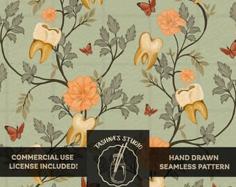 Dental Office Decor Pattern | Whimsical Tooth Floral Design | Dental Hygienist Gift | Medical Aesthetic Fabric Print | Commercial License