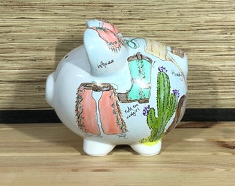 Large Hand-painted Cowgirl Ceramic Piggy Bank Personalized with Horse, Cowgirl Boot, Hat, Saddle, Bandana, Lasso, Chaps, Spurs, Western Vest