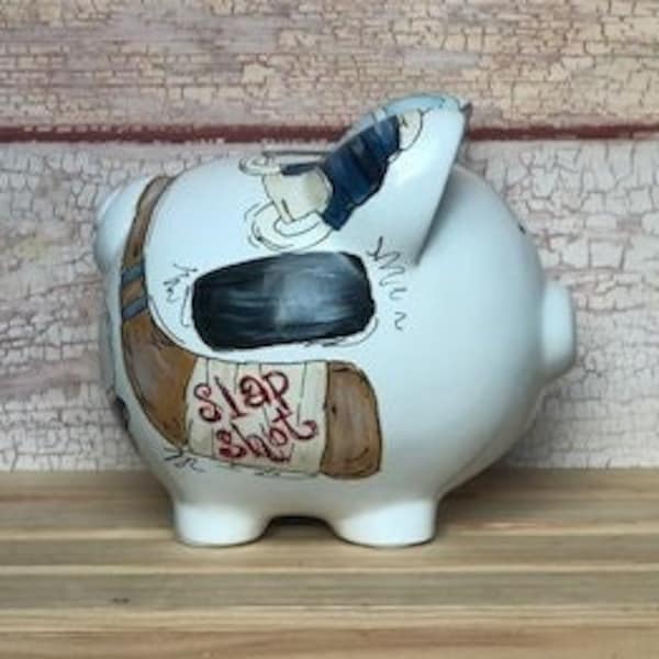 Medium Personalized Hand-painted Hockey-Themed Piggy Bank with a Hockey Stick, Puck, Player Helmet, Skate and a Net, Unique Whimsical Gift