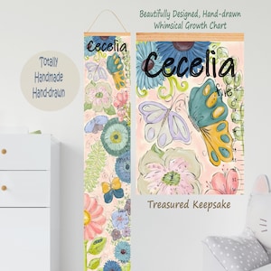 May include: A personalized growth chart featuring a whimsical floral design with butterflies. The chart is painted in shades of pink, blue, green, and yellow. The name "Cecelia" is written in black at the top of the chart. The chart is made of wood and has a ruler on the side.