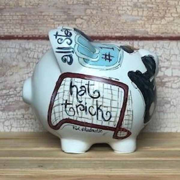 Large Personalized, Whimsical Hockey Themed Ceramic Piggy Bank with Hand-painted Stick, Skate, Helmet, Puck, Perfect Gift for Hockey Fans