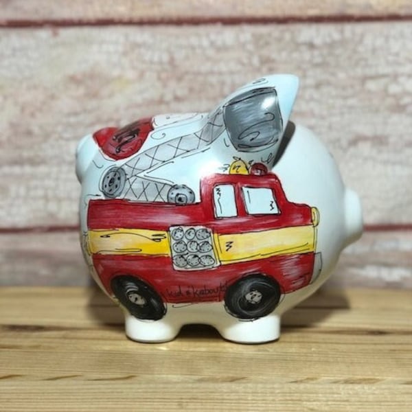 Large Personalized Ceramic Firefighter Piggy Bank with Badge, Helmet, Red Firetruck, Uniform and Fire Fighting Dog, Hand-painted for Kids