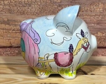 Small Pink Personalized Hand-painted Princess Horse and Carriage Piggy Bank, Unique Whimsically Drawn Castle, Perfect Gift Design for Girls