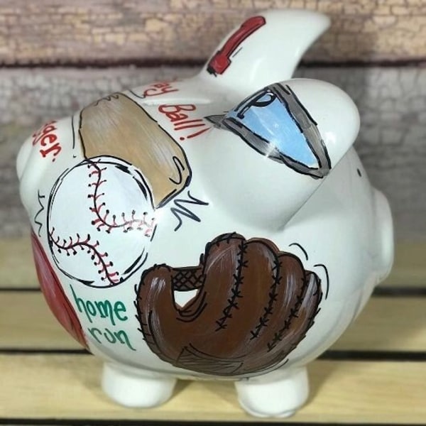 Large Whimsical and Personalized Baseball Themed Ceramic Piggy Bank for Kids, Hand-painted Scene with Player's Bat, Helmet, Glove and Cap