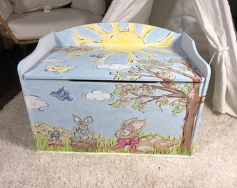 Personalized and Whimsical Meadow Friends Themed Wooden Toy Box, Hand-painted Deer and Bunny Animals with Mouse sitting on Mushroom