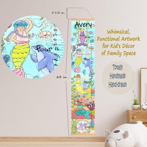 Whimsical Mermaids Canvas Height Chart with Marine Life and Plants, Personalized Height Ruler for Girls and Family Space