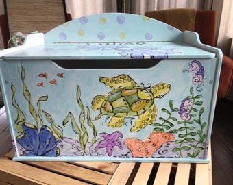 Whimsical Under The Sea Wooden Toy Box, Hand-painted and Personalized for Kids, Ideal for Family Quality Time